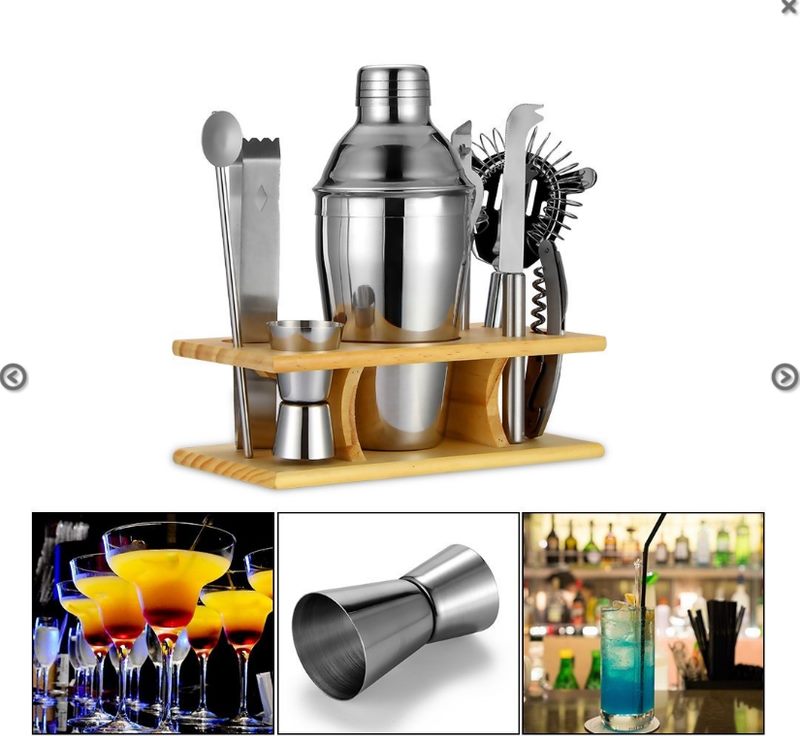 9pcs Wooden Stand Cocktail Shaker Set - Stainless Steel