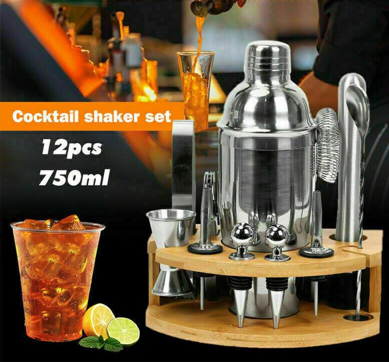 Wooden Stand Cocktail Shaker Set - 12 Piece