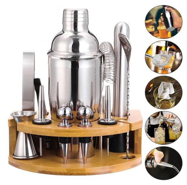 Wooden Stand Cocktail Shaker Set - 12 Piece