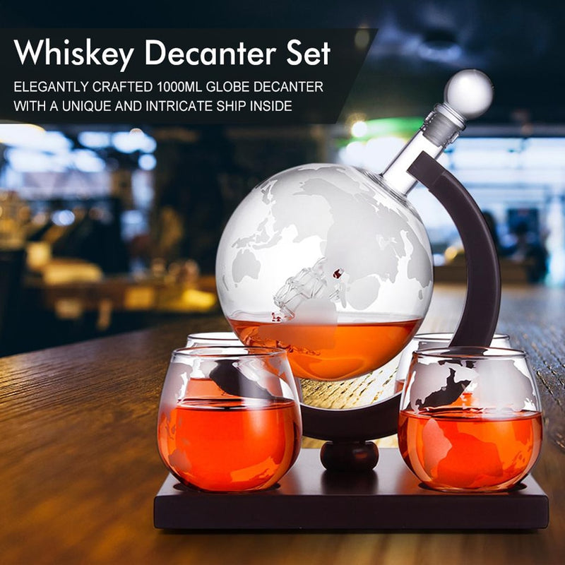 Whiskey Decanter Spirits 34Oz Glass Globe Ship & Glasses - Perfect Gift - Nifti NZ