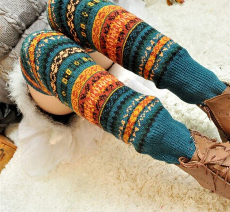 Over Knee Long Knit Leg Warmers - Chic Warm Striped Leggings