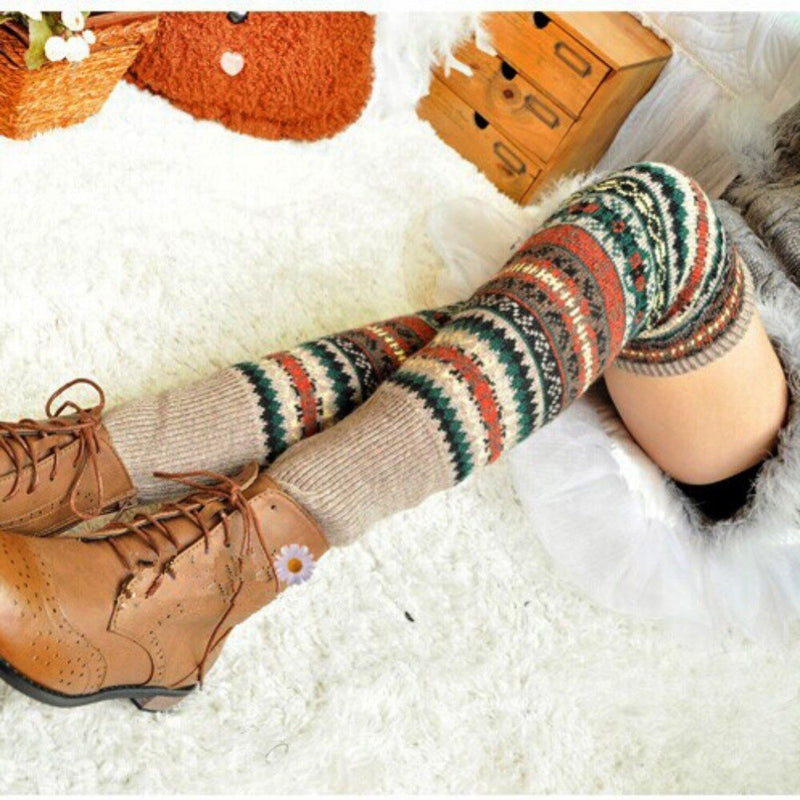 Over Knee Long Knit Leg Warmers - Chic Warm Striped Leggings