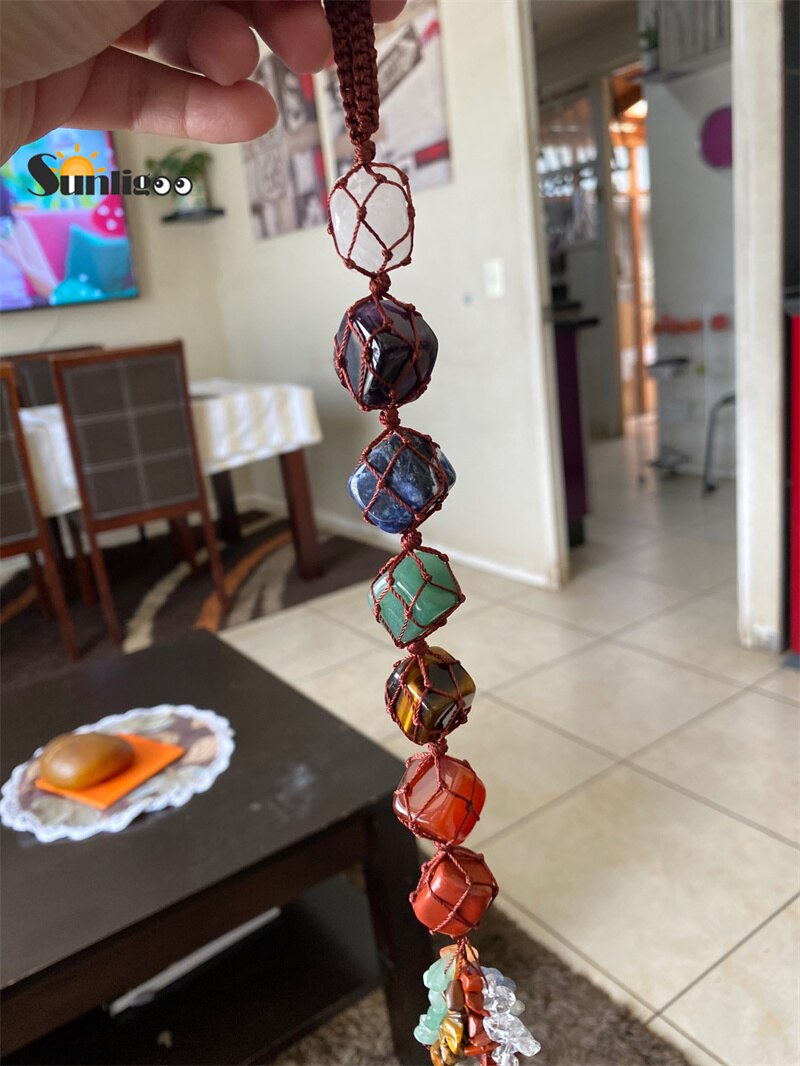 Reiki Healing 7 Chakra Tumbled Gemstone Hanging - with Tassel