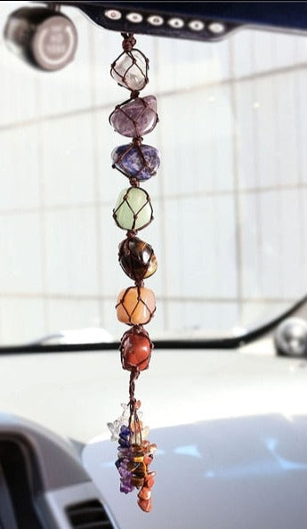 Reiki Healing 7 Chakra Tumbled Gemstone Hanging - with Tassel